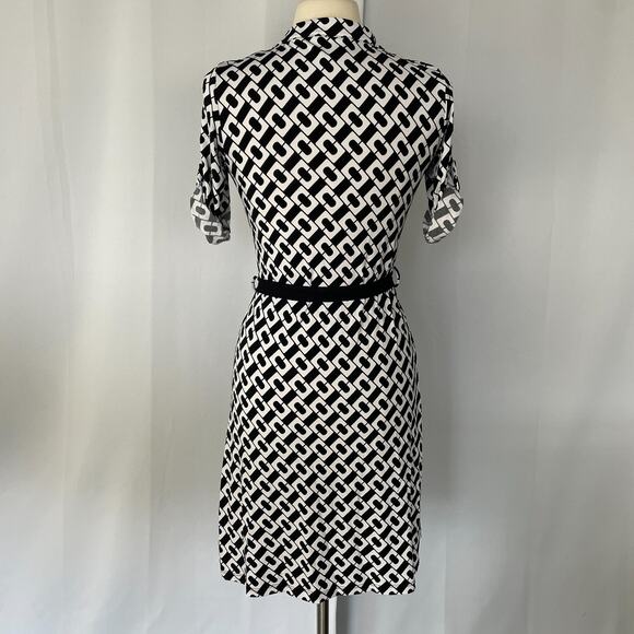 Y2K Dress Size Medium Black White Retro Geo Print Geek Office Mod Stretch 90s - Picture 8 of 12